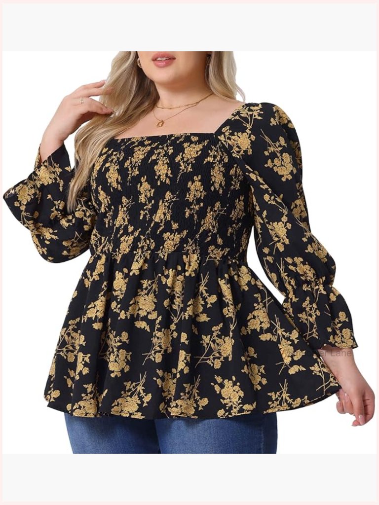 Plus Size Floral Print Square Neck Long Sleeve Smocked Peplum Blouse